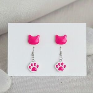 Cat Resin Earring Set - Handmade - Hypoallergenic - Hot Pink